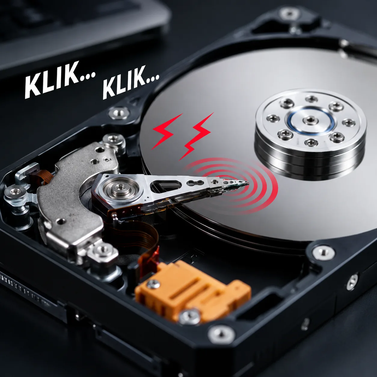Hard disk rosak berbunyi 'klik-klik' — kerosakan mekanikal head crash pada platter, jangan buka sendiri